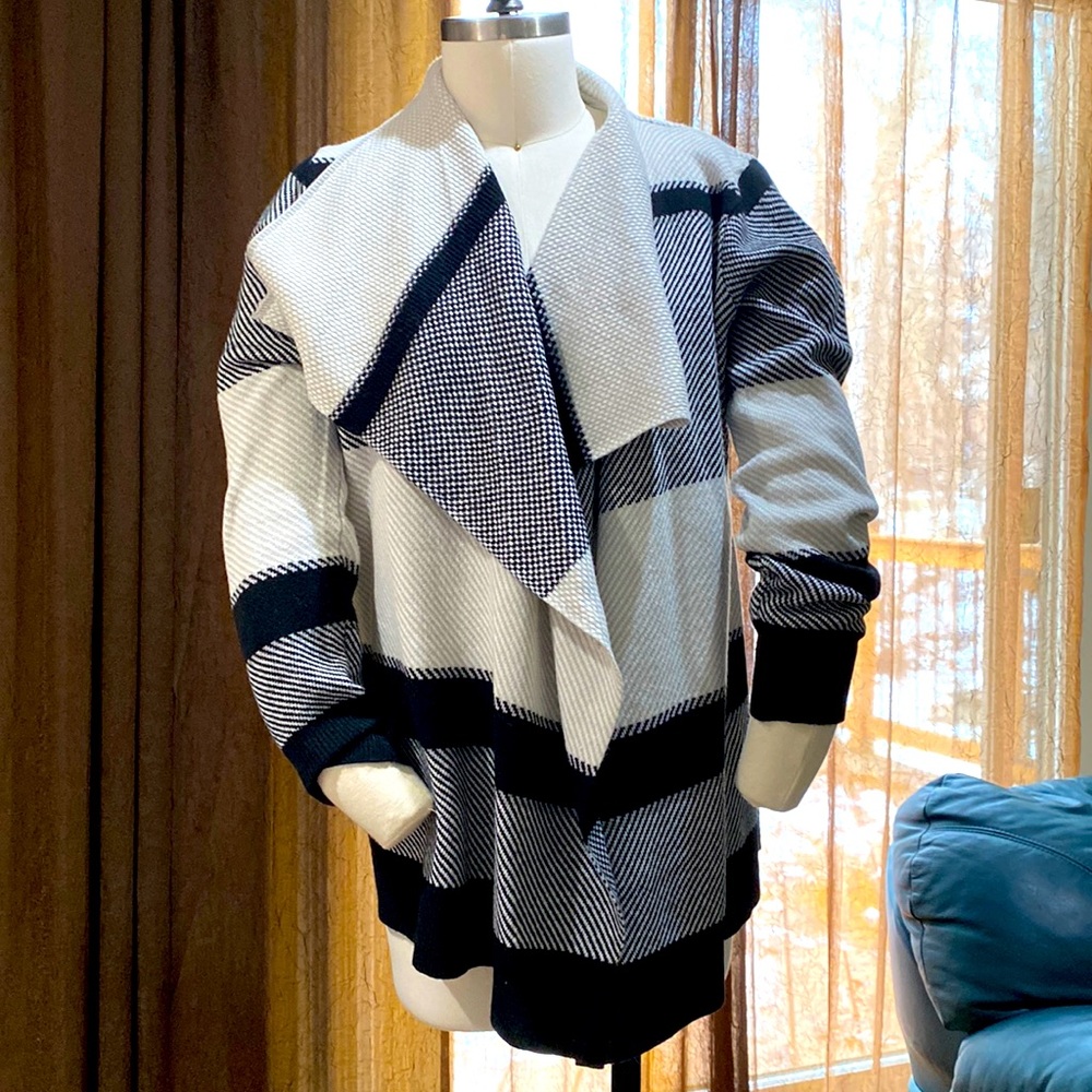Shawl Collar Sweater. Black & White stripes. Easy wear.